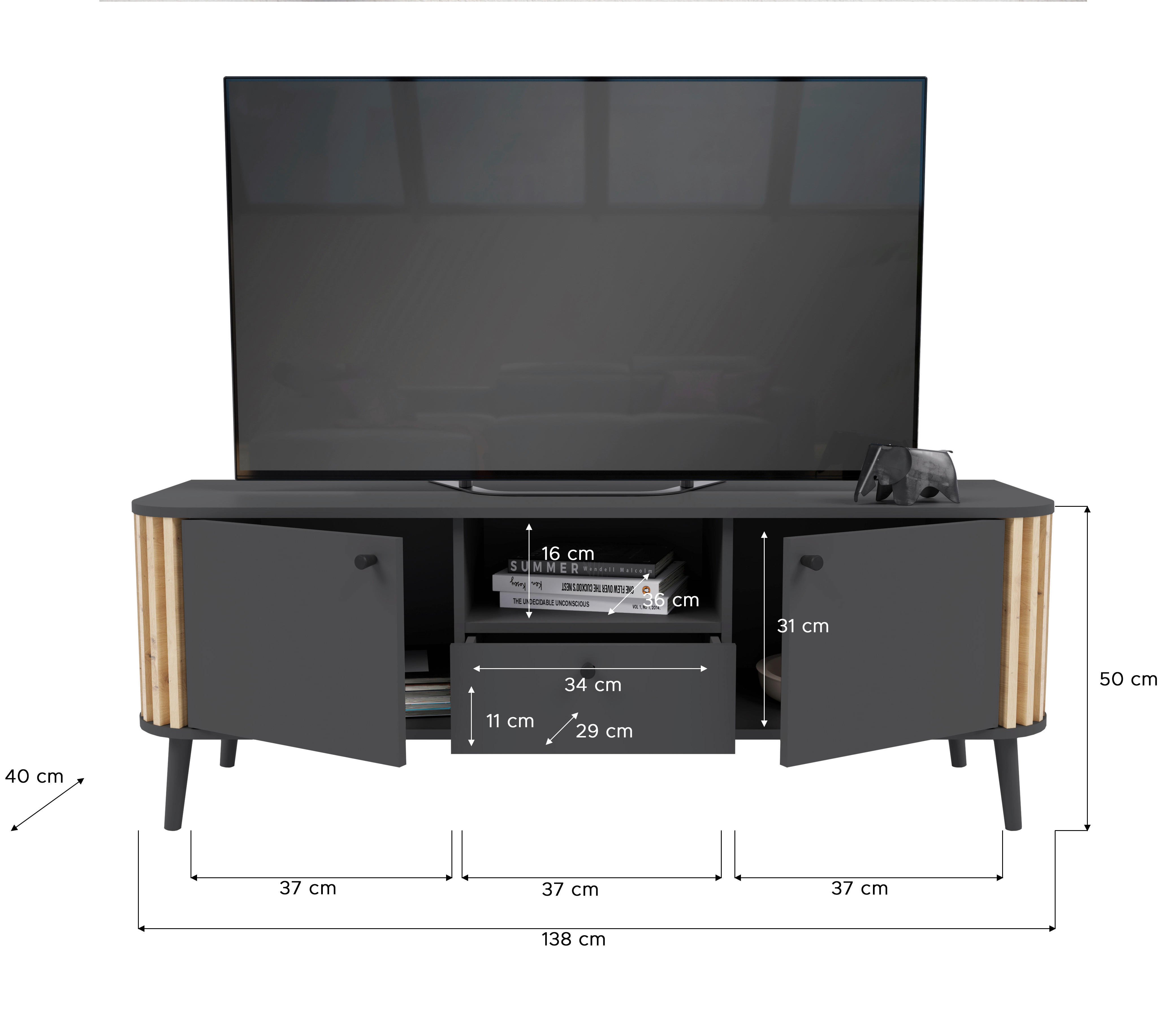 Lowboard PURE grau Eiche Artisan Nachbildung B/H/T: ca. 138x50x40 cm PURE - Eiche/grau (138,00/50,00/40,00cm) - xonox.home