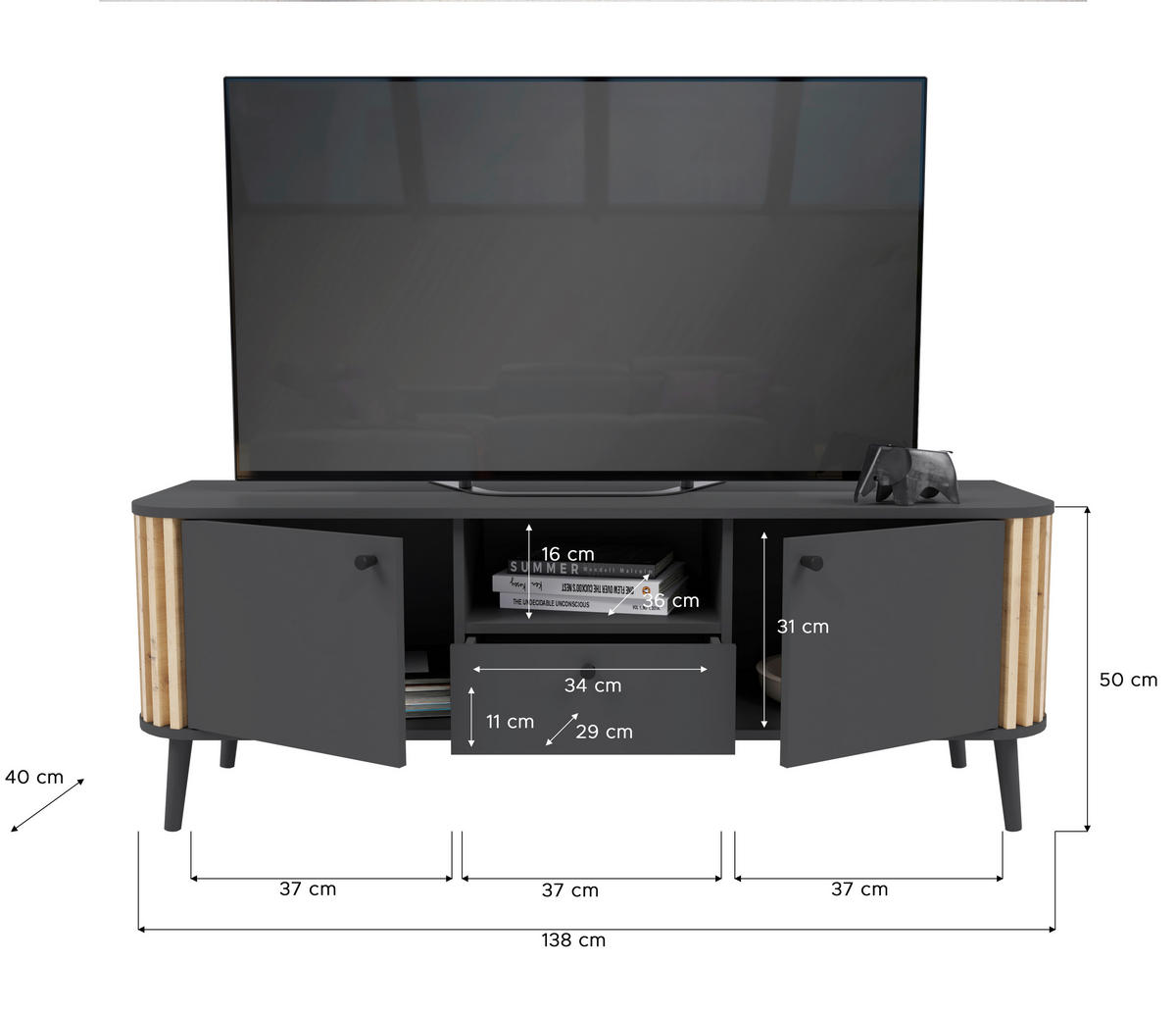 Lowboard PURE grau Eiche Artisan Nachbildung B/H/T: ca. 138x50x40 cm PURE - Eiche/grau (138,00/50,00/40,00cm) - xonox.home