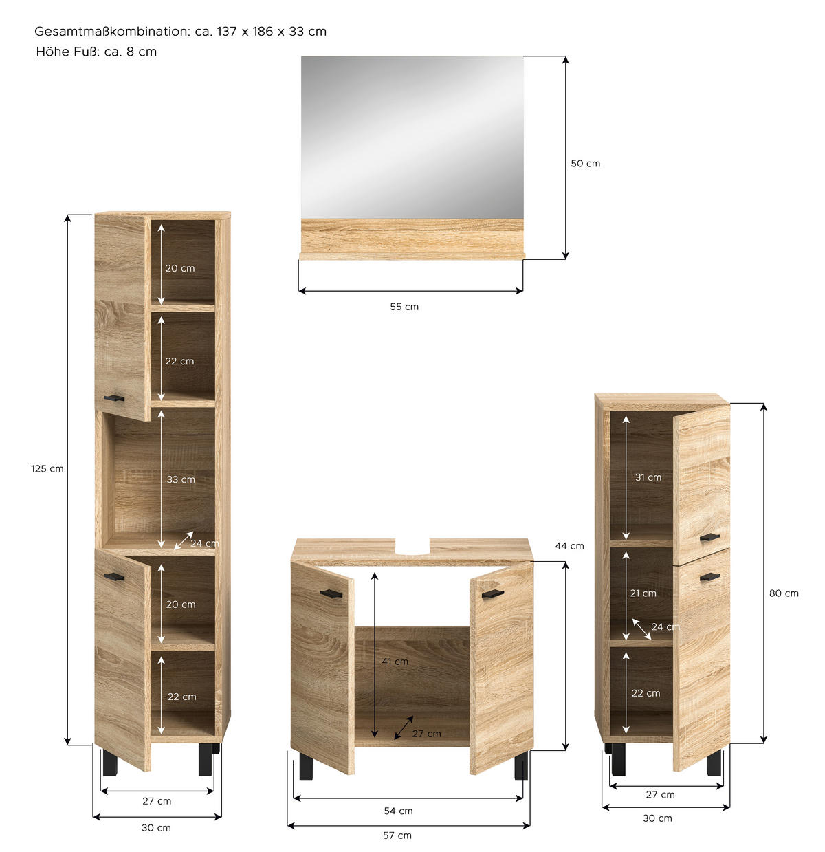 Badezimmer-Set BOSTON Eiche Sonoma Nachbildung B/H/T: ca. 137x186x33 cm BOSTON - Eiche (137,00/186,00/33,00cm) - xonox.home