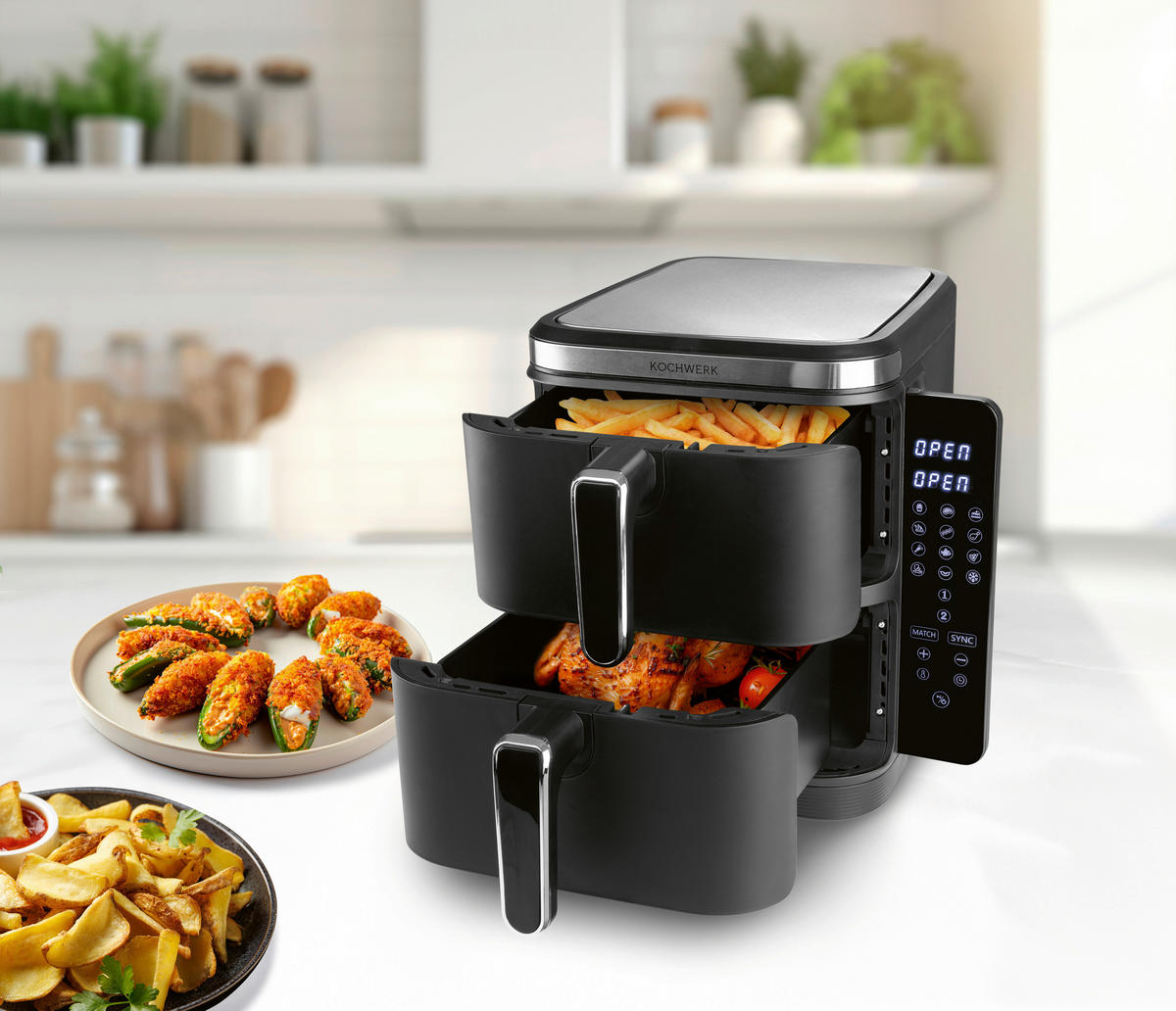 Kochwerk Heißluftfritteuse Doppel-Heißluftfritteuse 15473 - schwarz (44,30/28,60/35,50cm) - Kochwerk