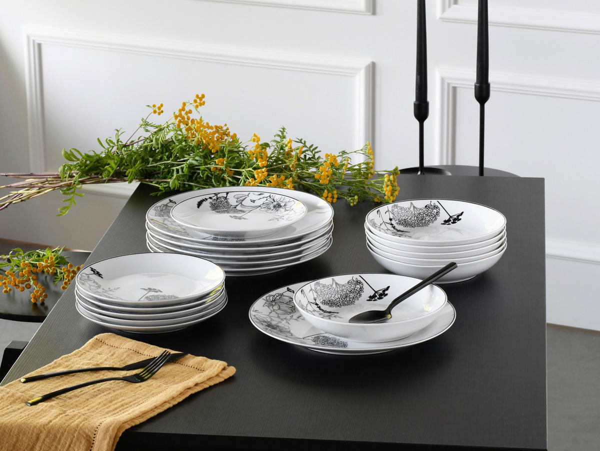 CreaTable Tafelservice Luna Black Flower weiß Porzellan 18 tlg. Luna Black Flower - weiß - CreaTable