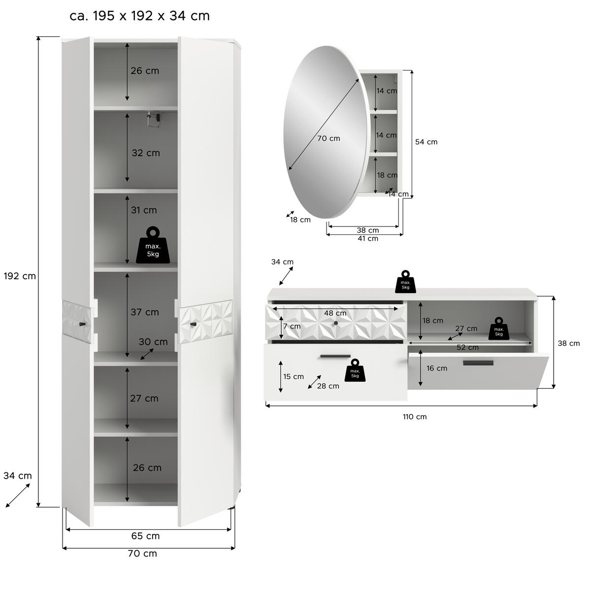Garderobe Prisma weiß weiß Hochglanz B/H/T: ca. 195x192x34 cm Prisma - weiß (195,00/192,00/34,00cm) - xonox.home