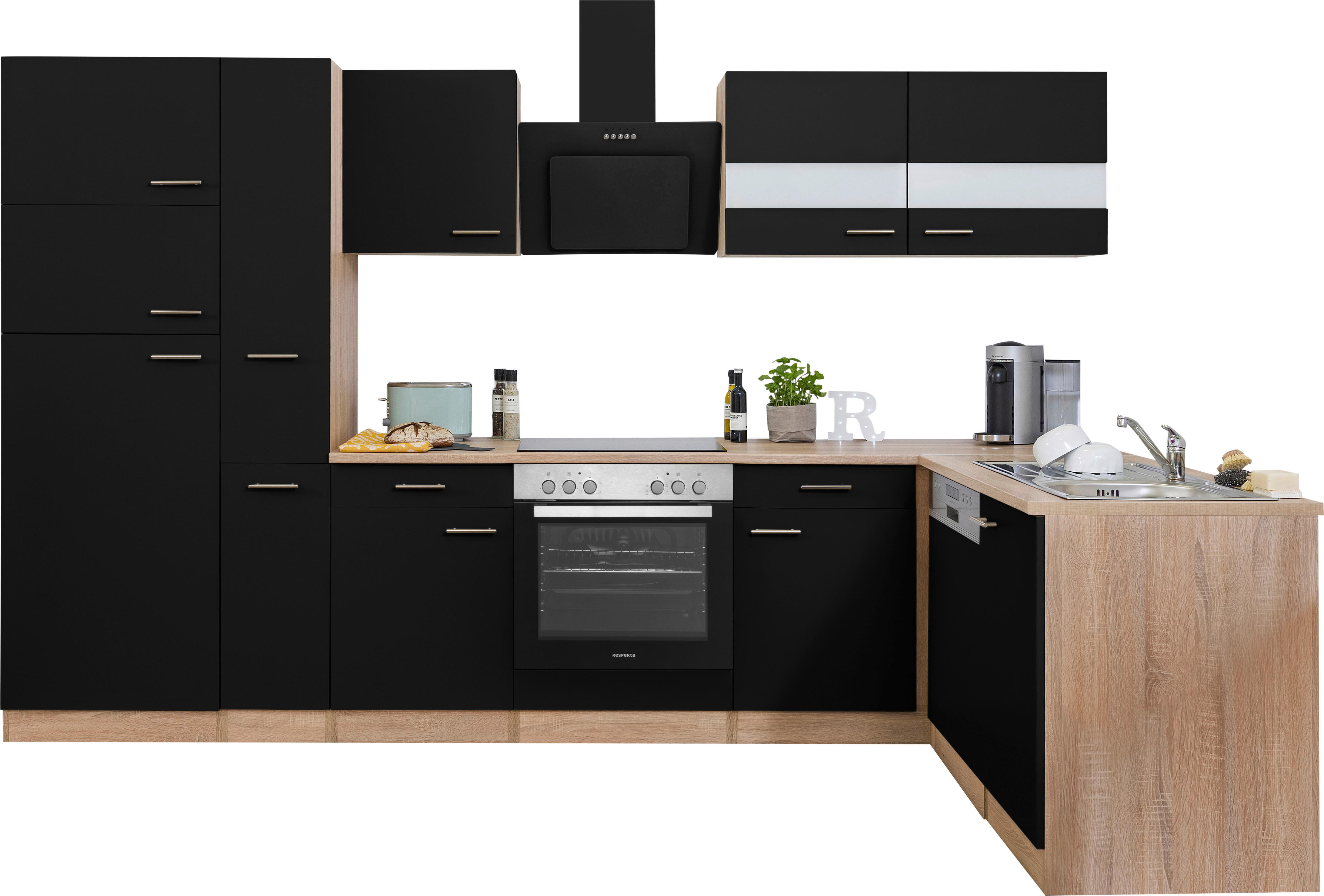 Respekta Winkelküche Economy schwarz matt B/H/T: ca. 310x200x172 cm Economy - Eiche/schwarz (310,00/200,00/172,00cm) - Respekta