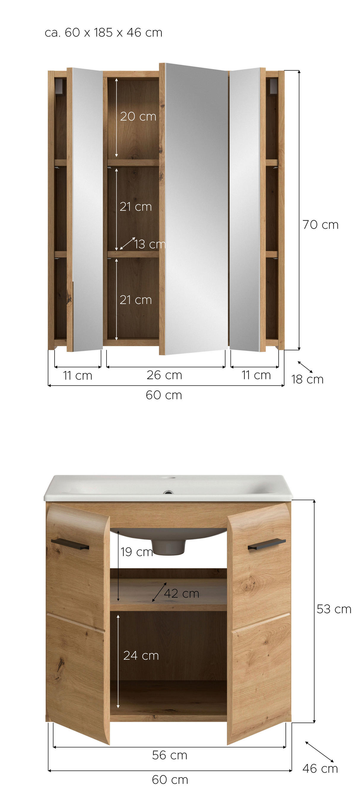 Badezimmer-Set Ice Artisan Oak Nachbildung B/H/T: ca. 60x185x46 cm Ice - (60,00/185,00/46,00cm) - xonox.home