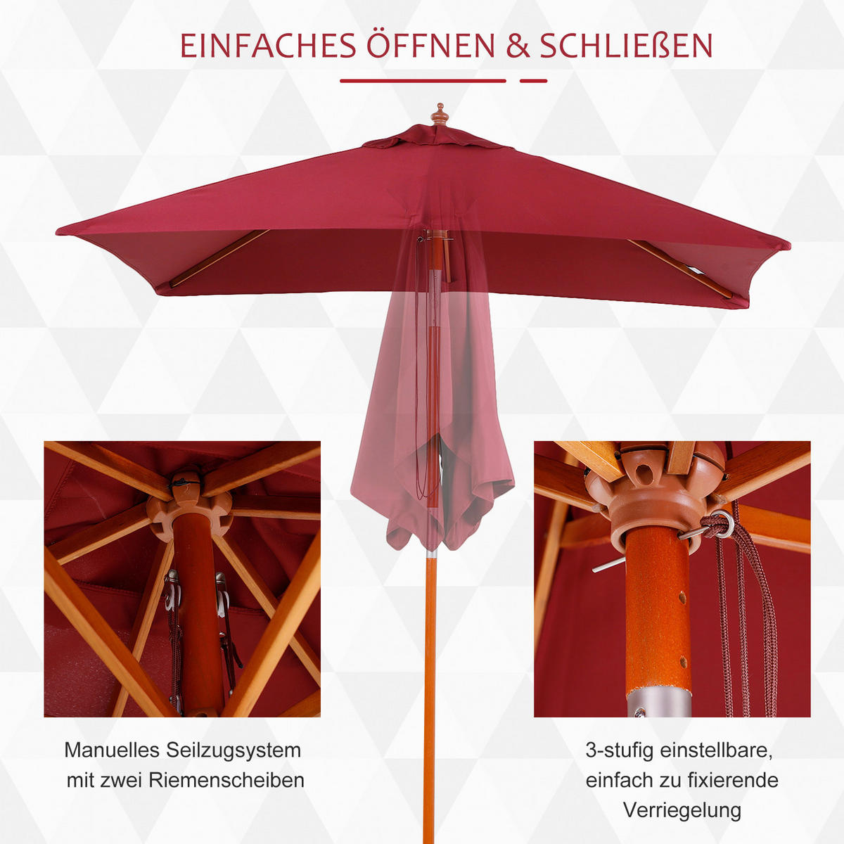Outsunny Sonnenschirm weinrot Holz B/H/L: ca. 150x230x200 cm Sonnenschirm_knickbar - weinrot (200,00/150,00/230,00cm) - Outsunny