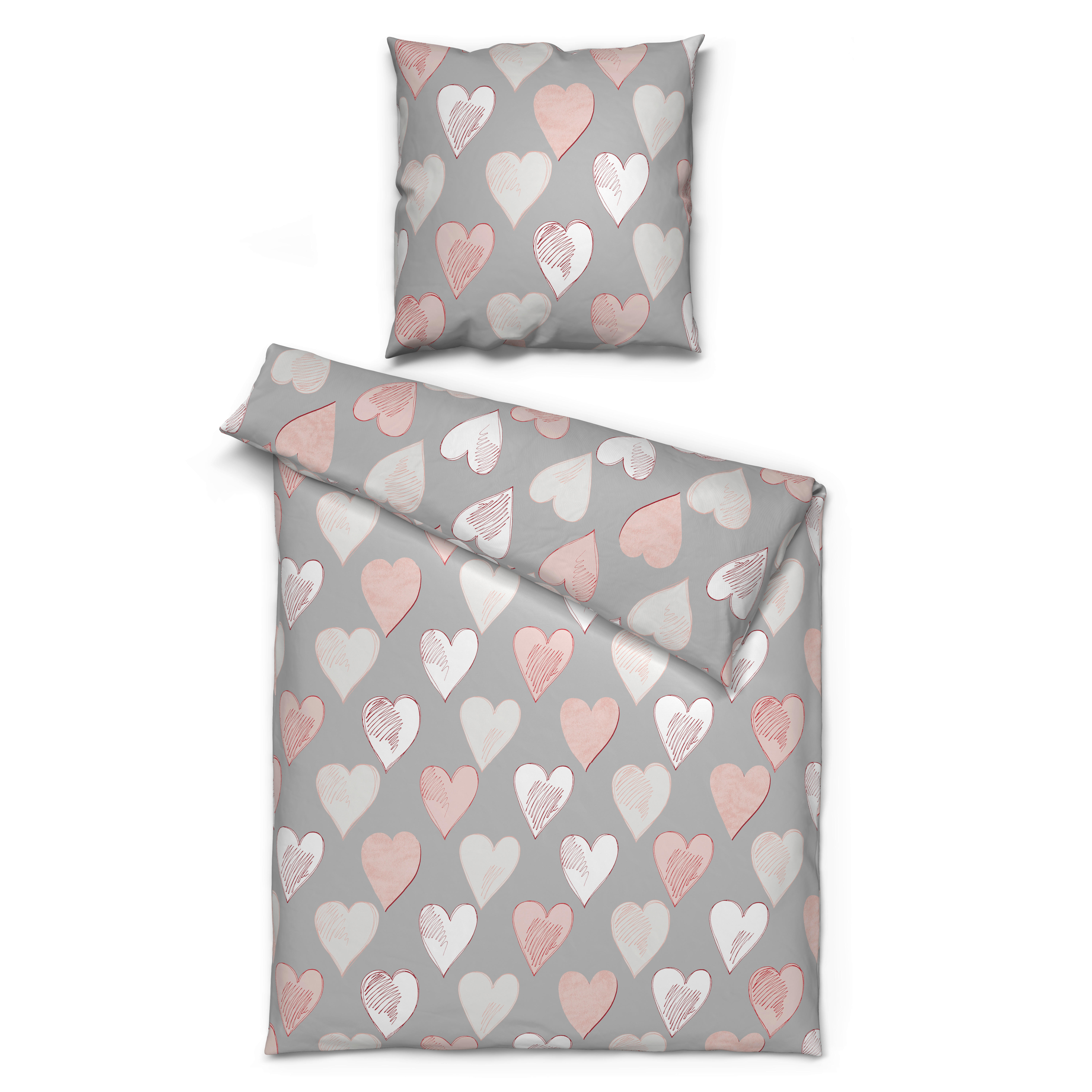Baumwoll Bettwäsche Cotton touch Bettwäsche_Cotton-Touch Herzen grau - rosé/grau (135,00/200,00cm) - Sensation
