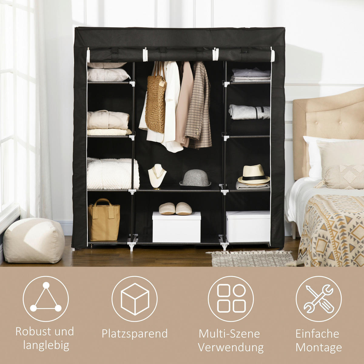 HOMCOM Kleiderschrank schwarz Edelstahl B/H/L: ca. 43x150x162,5 cm Stoffschrank - schwarz (162,50/43,00/150,00cm) - HOMCOM