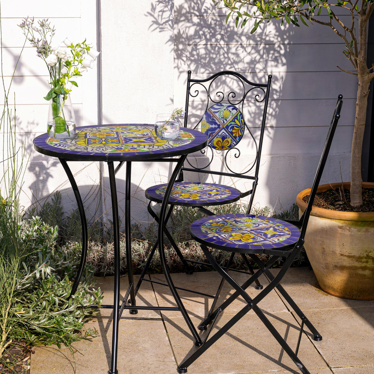 AXI Outdoor Living Bistroset Amélie Mosaik blau Metall B/H/L: ca. 60x92x60 cm Amélie Mosaik - blau/gelb (60,00/60,00/92,00cm) - AXI Outdoor Living