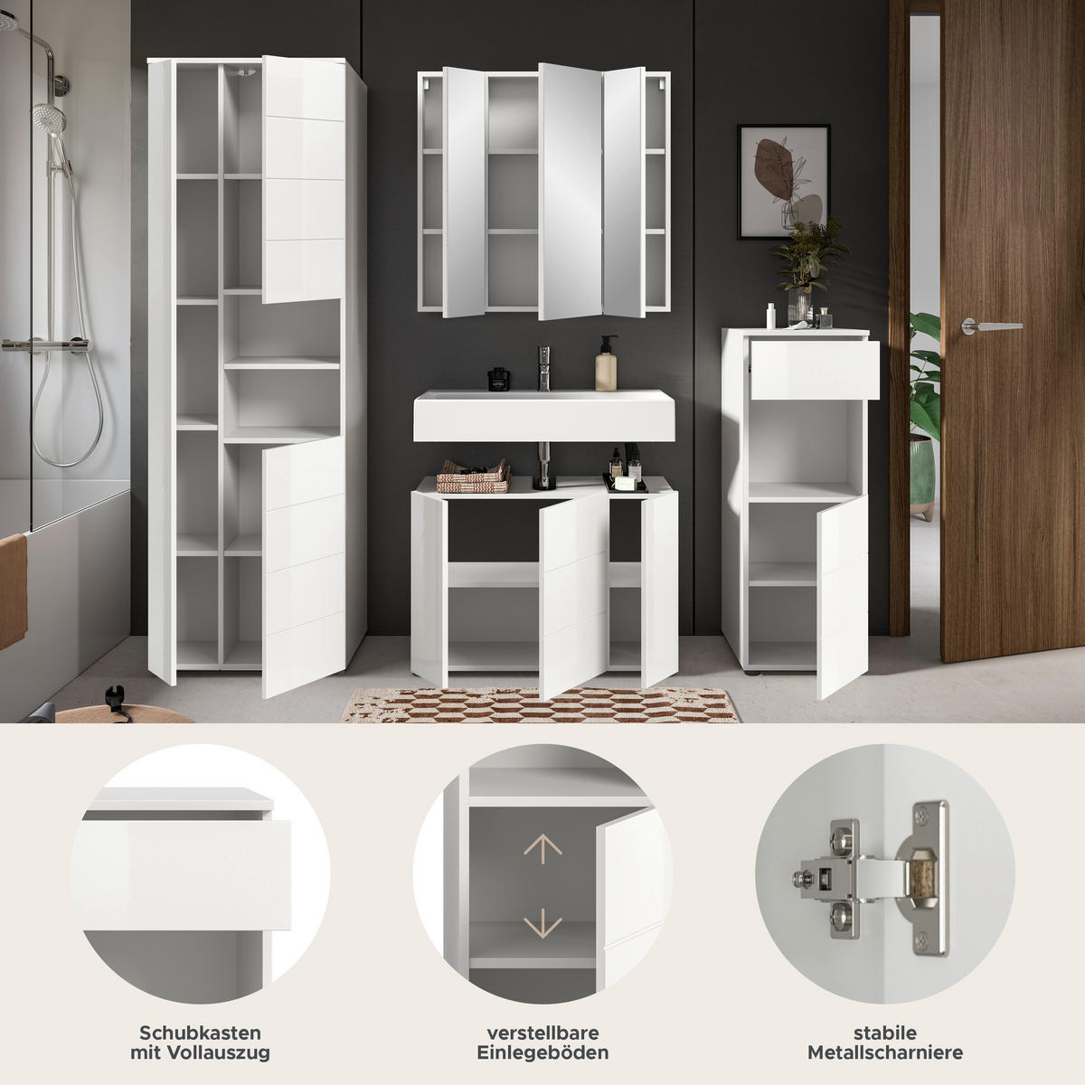 Badezimmer-Set VIRA weiß weiß Hochglanz B/H/T: ca. 210x190x34 cm VIRA - weiß (210,00/190,00/34,00cm) - xonox.home