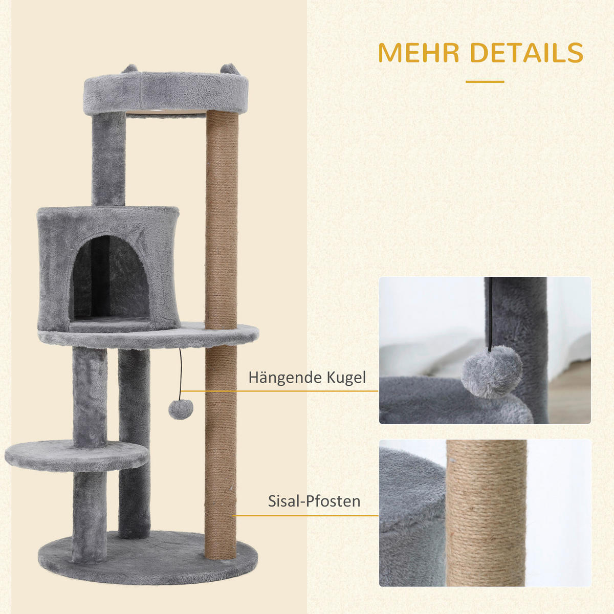 PawHut Katzenbaum grau Sisal B/H/L: ca. 48x104x48 cm Katzenbaum - grau (48,00/48,00/104,00cm) - PawHut