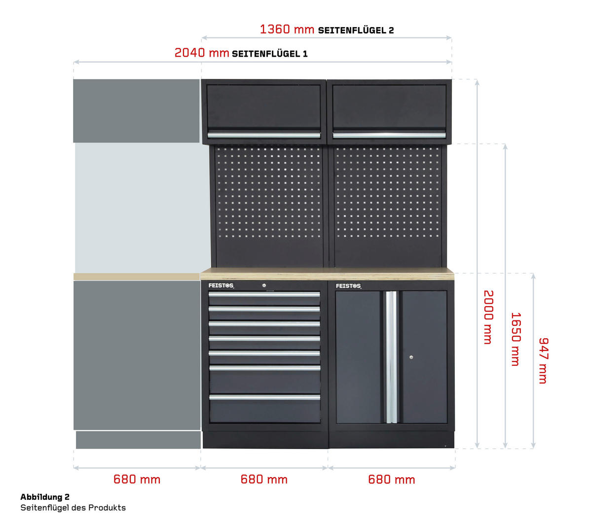 Werkstatteinrichtung Apollo anthrazit B/H/L: ca. 513x200x46 cm Apollo - schwarz/anthrazit (46,00/513,00/200,00cm) - Feistos
