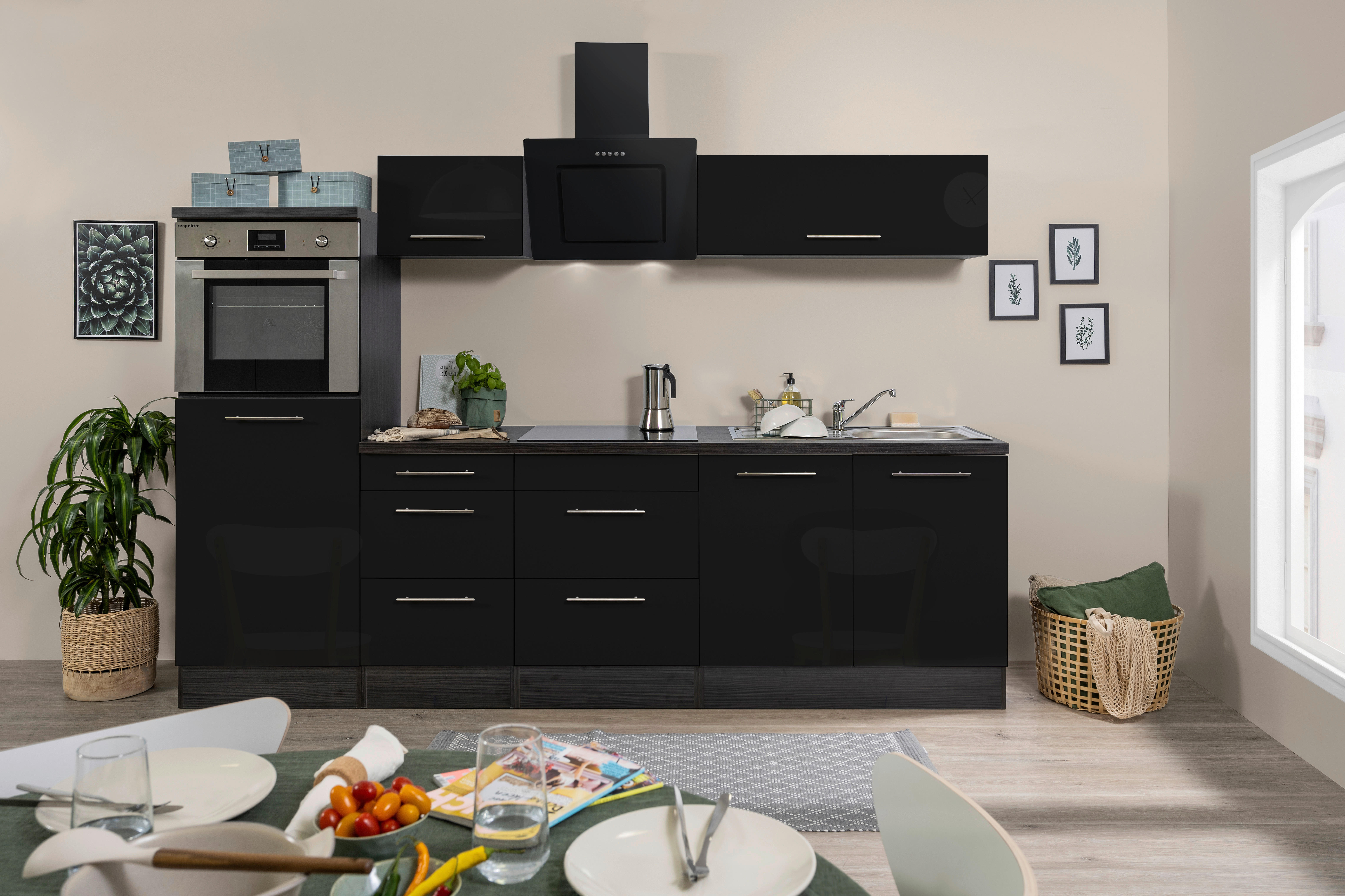 Respekta Küchenblock Amanda schwarz Hochglanz Amanda - schwarz/Edelstahloptik - Respekta