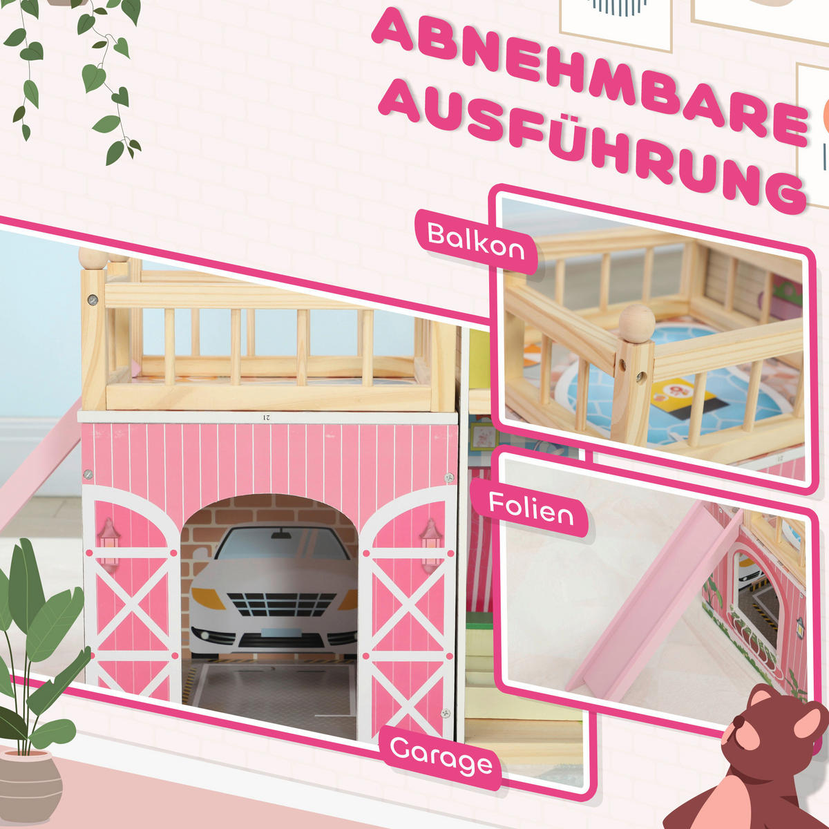 AIYAPLAY Puppenhaus rosa Kiefer B/H/L: ca. 32x92,1x114,5 cm Puppenhaus - rosa (114,50/32,00/92,10cm) - AIYAPLAY