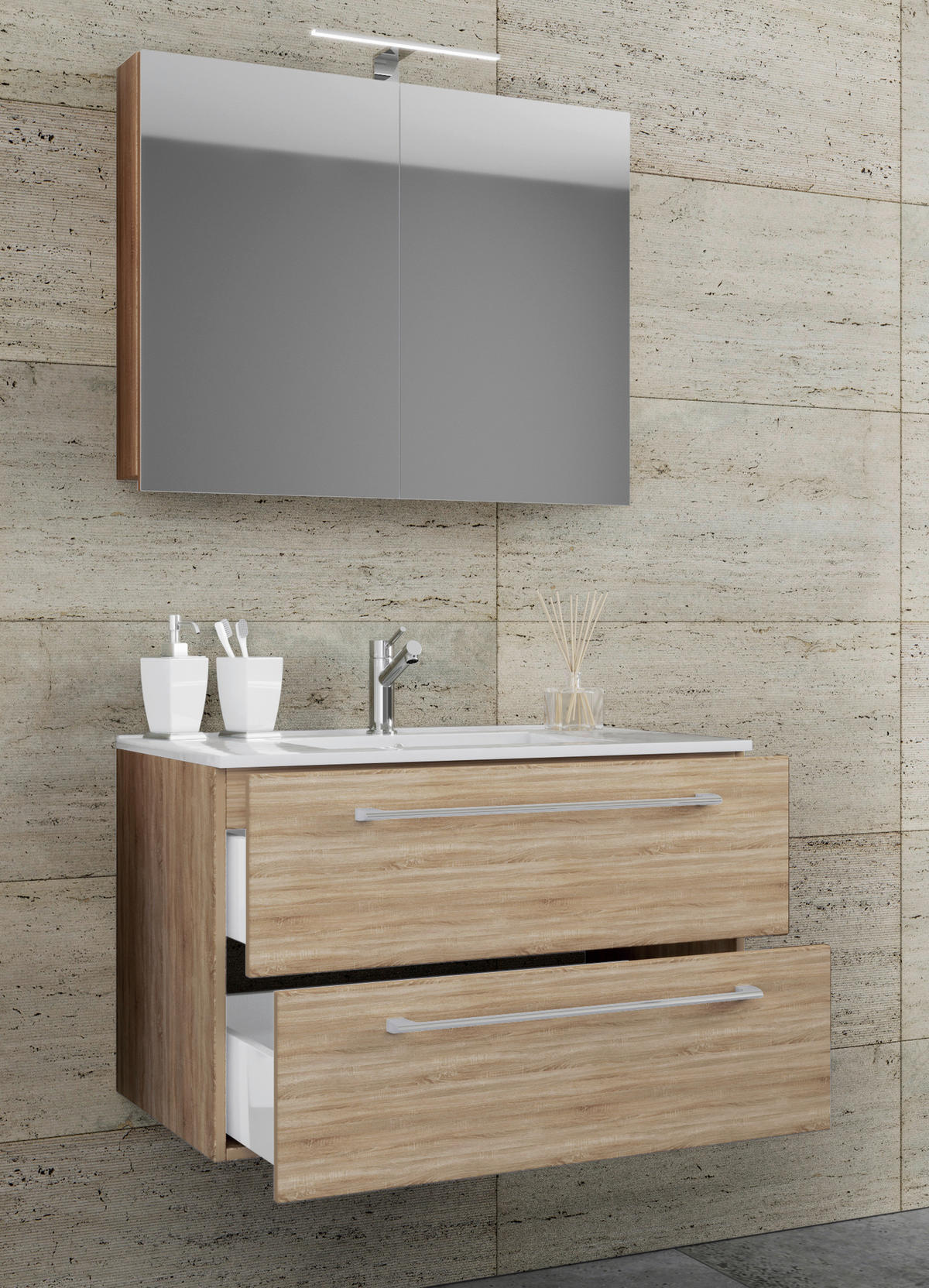 Waschplatz 3tlg-Badinos Eiche Sonoma Nachbildung B/H/T: ca. 80x50x46 cm 3tlg-Badinos - Eiche (80,00/50,00/46,00cm) - VCM Möbel