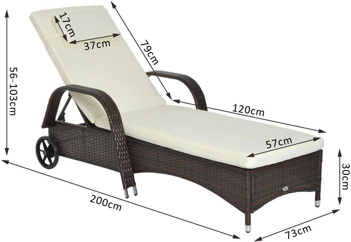 Outsunny Sonnenliege braun Metall B/H/L: ca. 73x103x200 cm Mobile_Rattanliege - braun/beige (200,00/73,00/103,00cm) - Outsunny