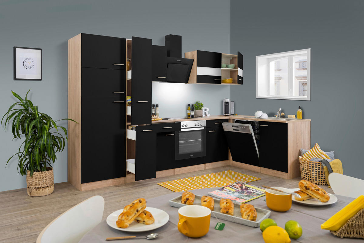 Respekta Winkelküche Economy schwarz matt B/H/T: ca. 310x200x172 cm Economy - Eiche/schwarz (310,00/200,00/172,00cm) - Respekta