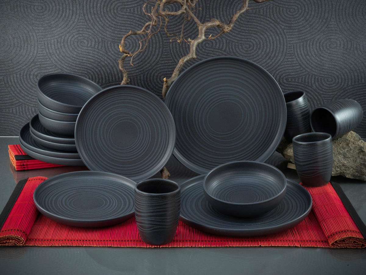 CreaTable Kombiservice Uno Black Lava Stone schwarz Steinzeug 16 tlg. Uno Black Lava Stone - schwarz - CreaTable