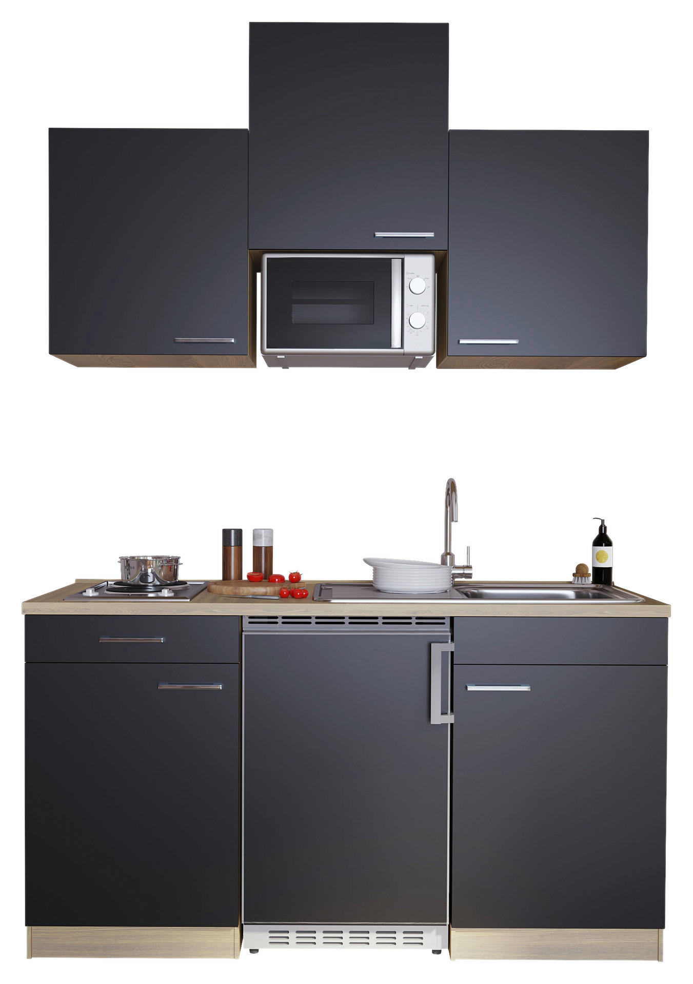 Respekta Singleküche Economy schwarz matt B/H/T: ca. 150x200x60 cm Economy - Eiche/schwarz (150,00/200,00/60,00cm) - Respekta