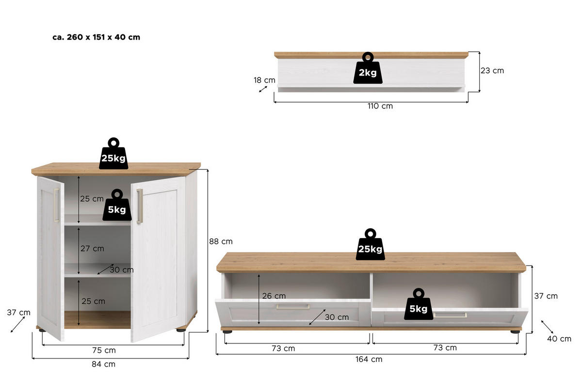 Wohnwand VERONA Lärche Nachbildung Eiche Nachbildung B/H/T: ca. 260x151x40 cm VERONA - Eiche/Lärche (260,00/151,00/40,00cm) - xonox.home