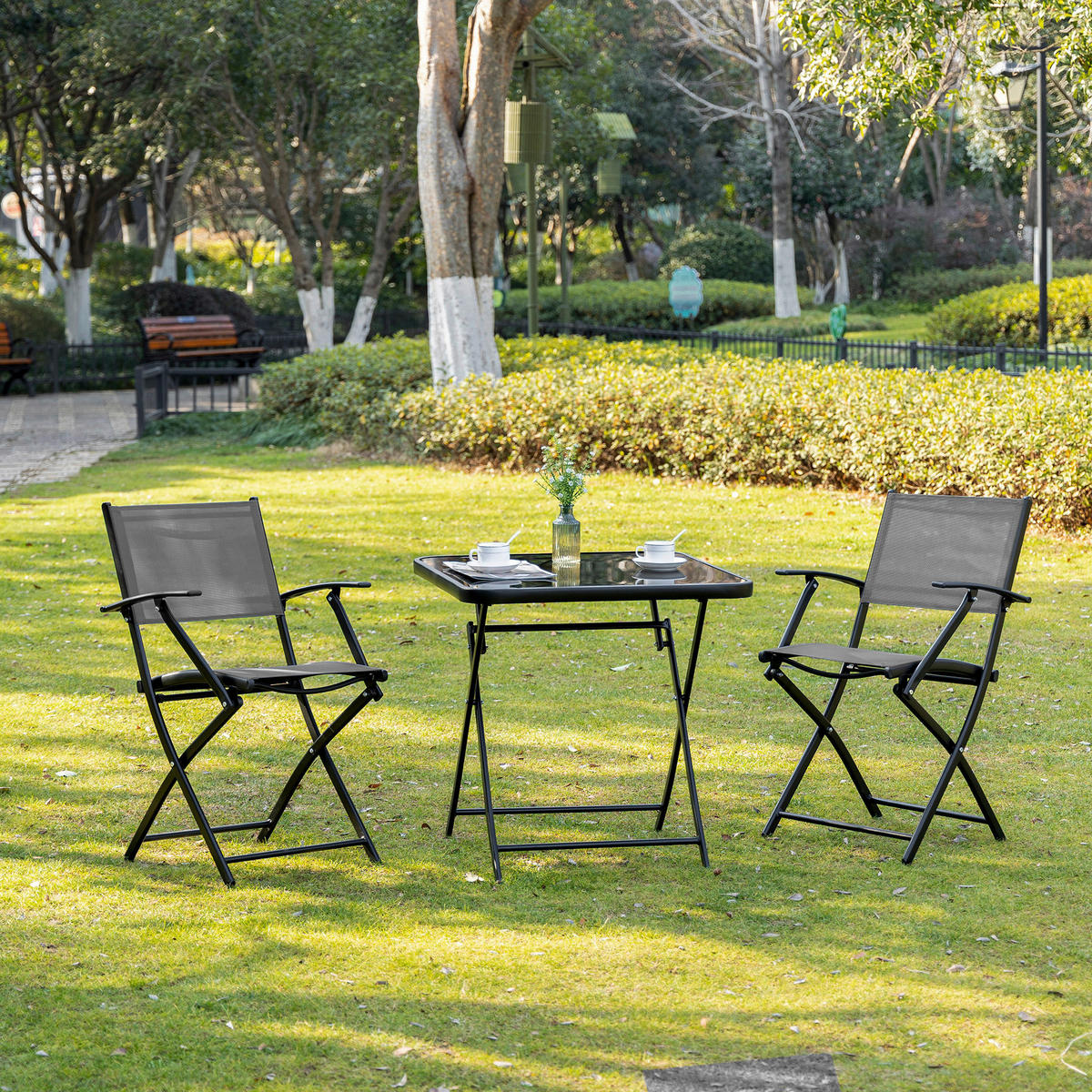 Outsunny Sitzgruppe schwarz Metall B/H/L: ca. 60x70x60 cm Sitzgruppe - schwarz/grau (60,00/60,00/70,00cm) - Outsunny