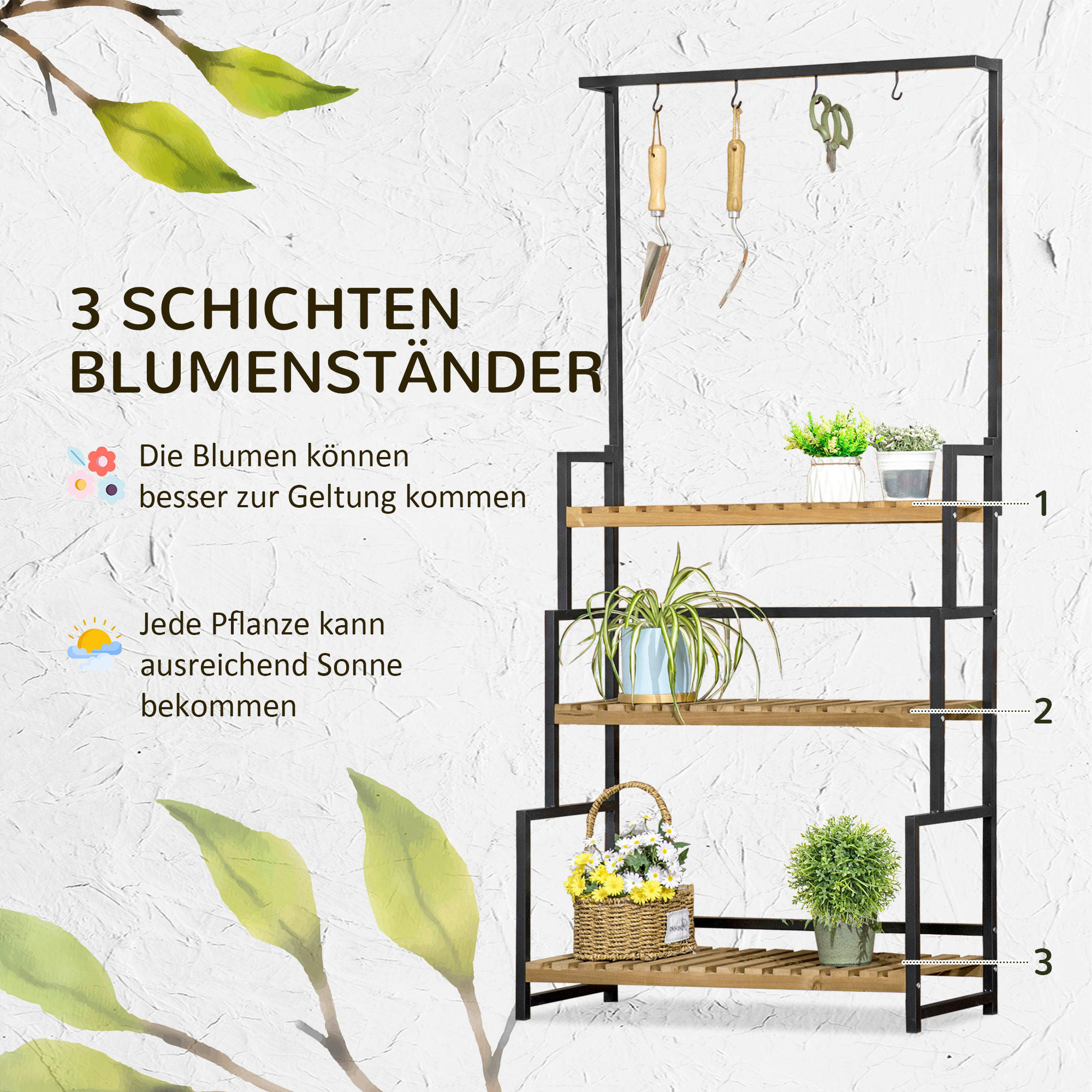 Outsunny Blumenständer natur Holz B/H/L: ca. 36x174x80 cm Blumenständer - natur/schwarz (80,00/36,00/174,00cm) - Outsunny