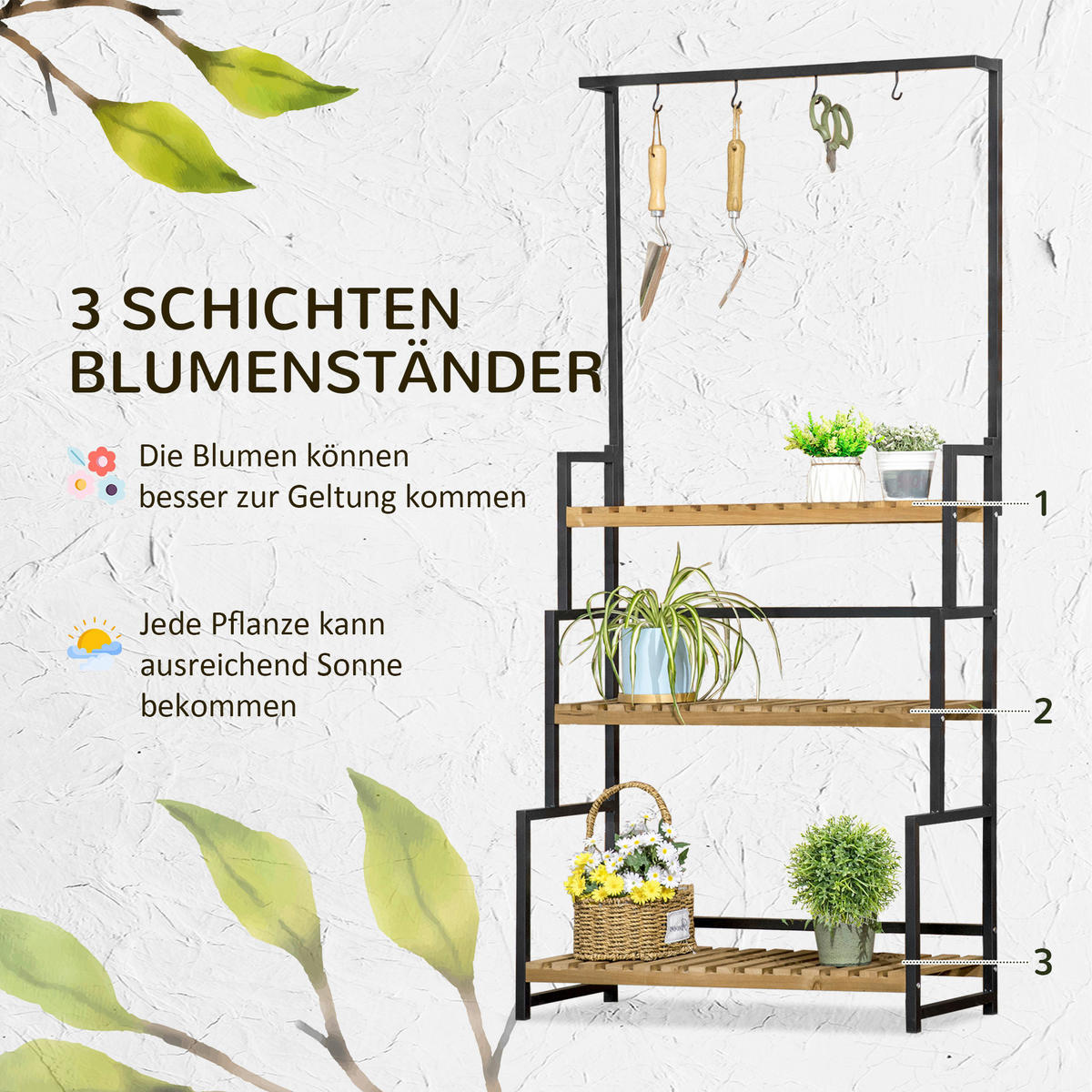 Outsunny Blumenständer natur Holz B/H/L: ca. 36x174x80 cm Blumenständer - natur/schwarz (80,00/36,00/174,00cm) - Outsunny
