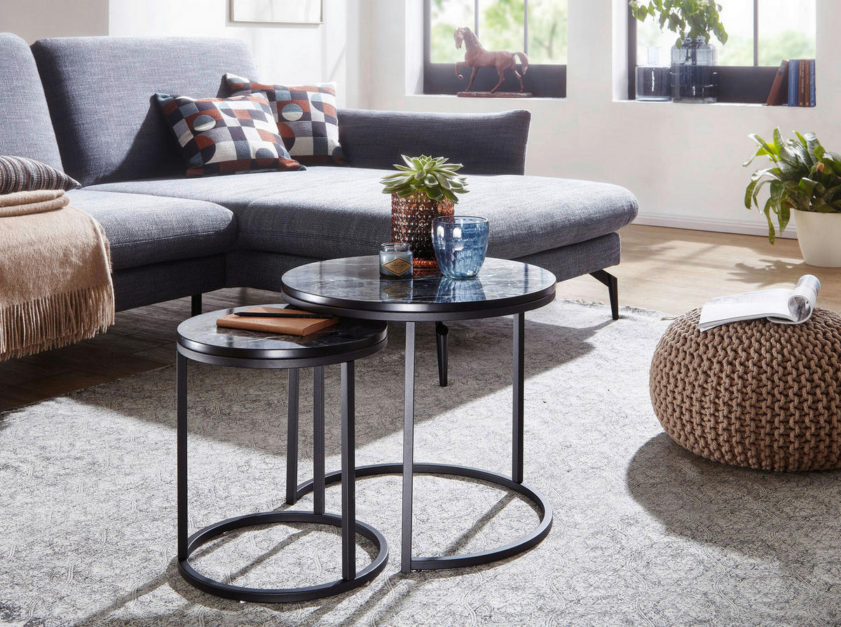 Wohnling Couchtisch 2er-Set. schwarz Marmor schwarz MDF Stahl 2er-Set. - schwarz - Wohnling