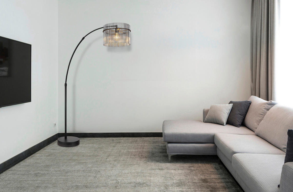 GLOBO Stehleuchte mattschwarz Rauch Metall Glas B/H/L: ca. 38x185x120 cm E27 1 Brennstellen GORLEY - mattschwarz/Rauch (120,00/38,00/185,00cm) - GLOBO