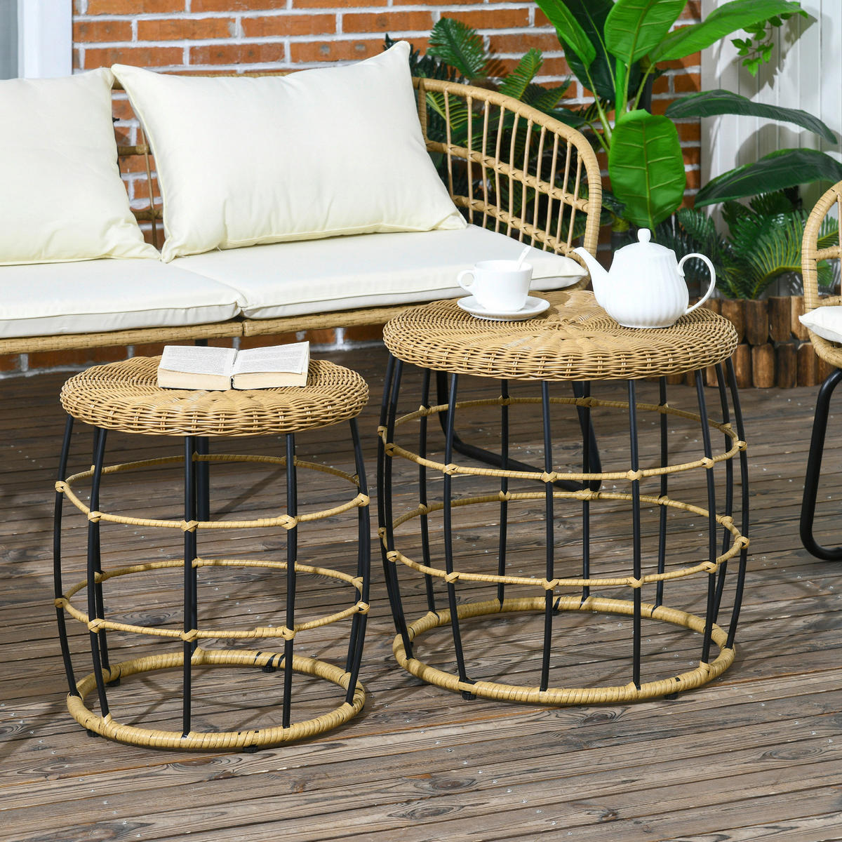 Outsunny Beistelltisch khaki Polypropylen B/H/L: ca. 58x58x53 cm Rattan_Beistelltisch-Set - khaki (53,00/58,00/58,00cm) - Outsunny