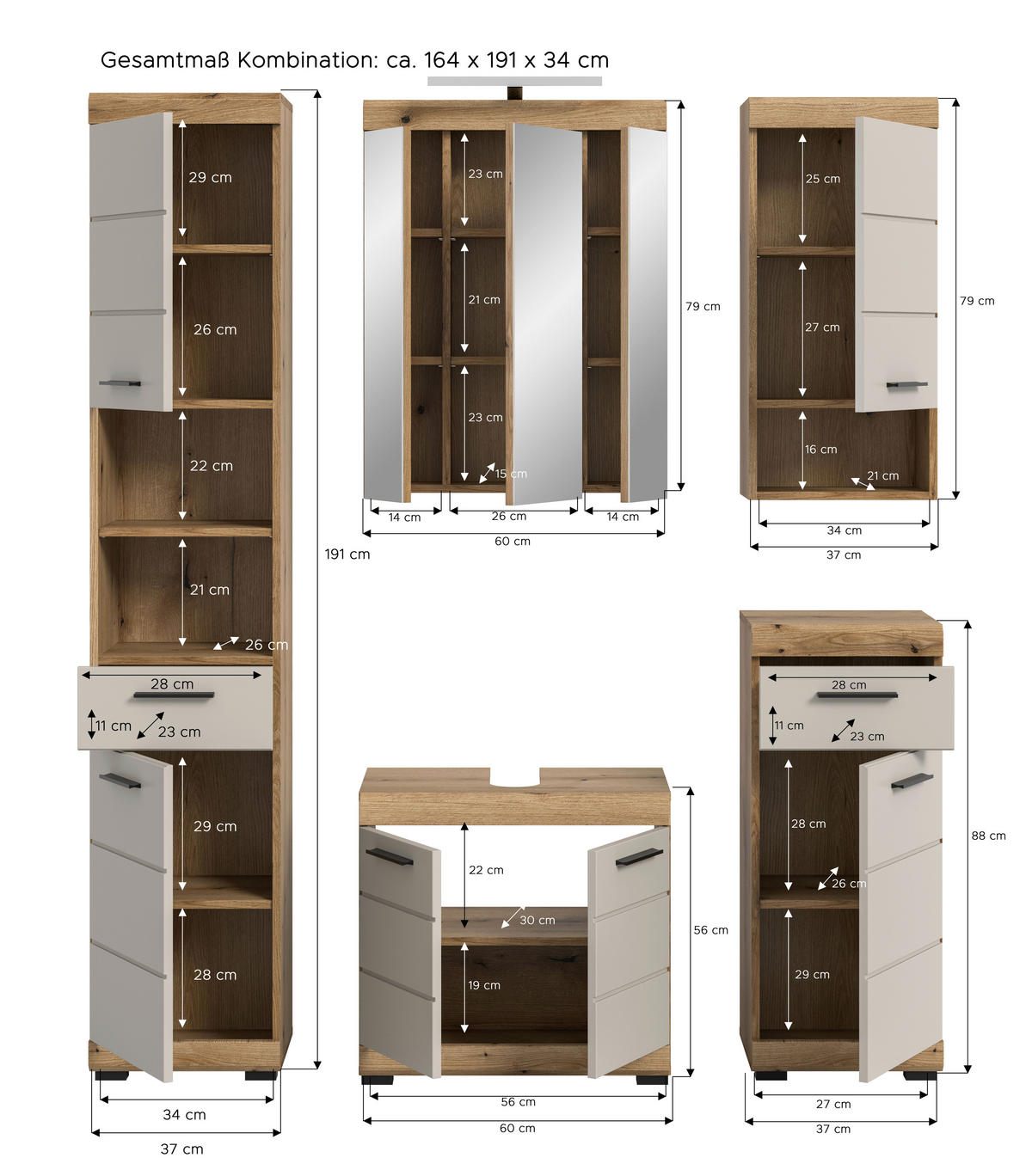 Badezimmer-Set Scout Evoke Oak Nachbildung Kaschmirgrau Nachbildung B/H/T: ca. 164x191x34 cm Scout - Kaschmirgrau (164,00/191,00/34,00cm) - xonox.home
