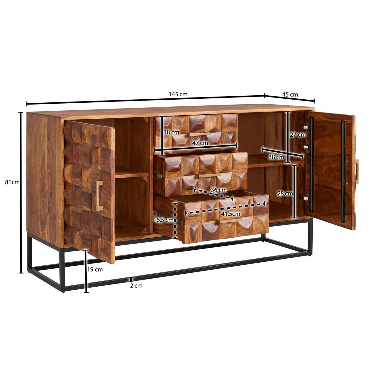 Sideboard rosenholz Nachbildung B/H/T: ca. 145x81x45 cm Sideboard - rosenholz (145,00/81,00/45,00cm) - Wohnling