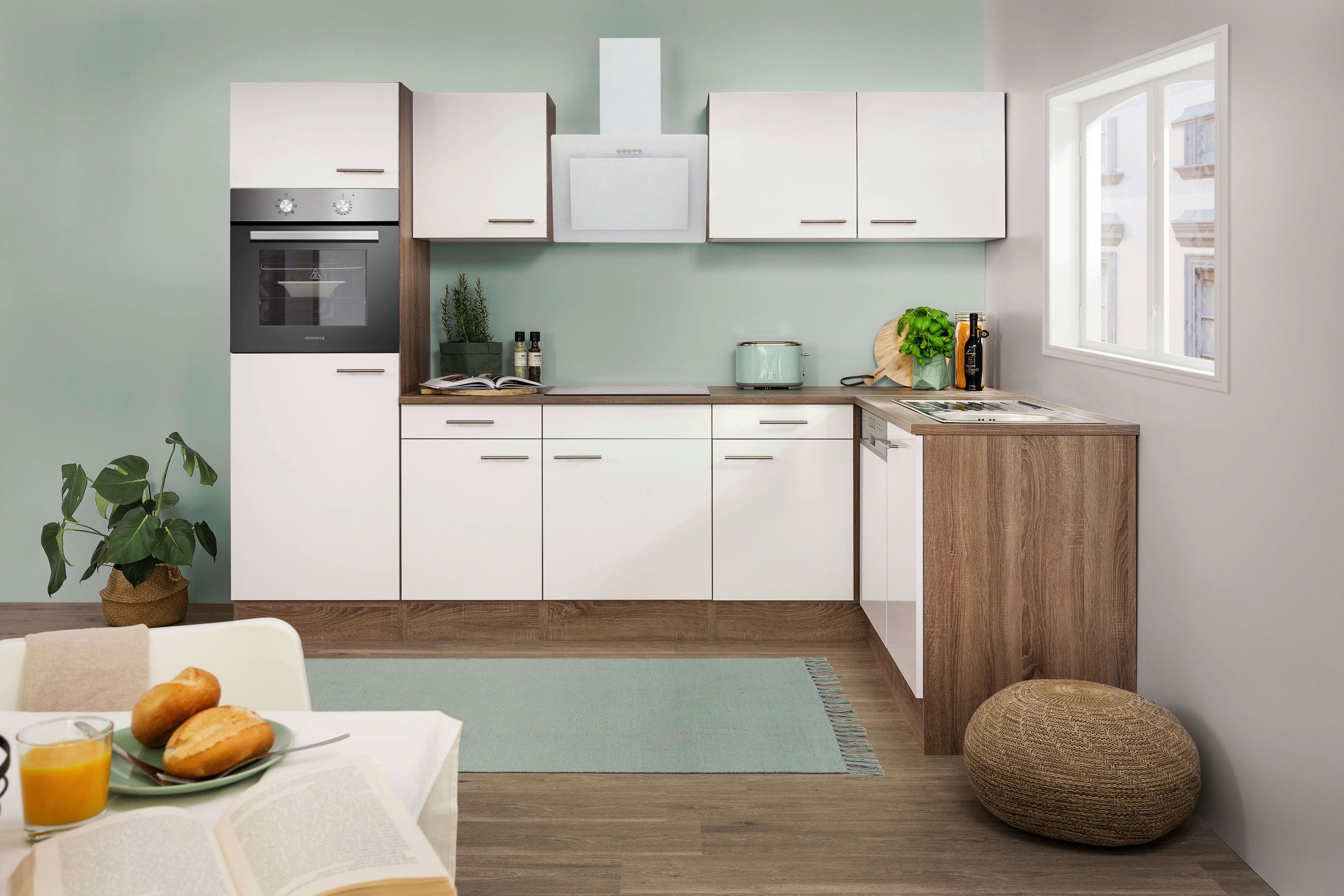 Respekta Winkelküche KBL280EYWS weiß B/H/T: ca. 280x205x172 cm KBL280EYWS - Eiche/weiß (280,00/205,00/172,00cm) - Respekta