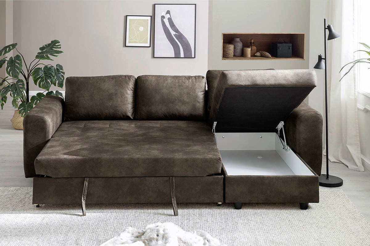 Ecksofa mit Bettfunktion und Bettkasten dunkelbraun B/T: ca. 245x155 cm Rise_L_2F.REC/BK_Ecksofa - dunkelbraun/schwarz (245,00/155,00cm)