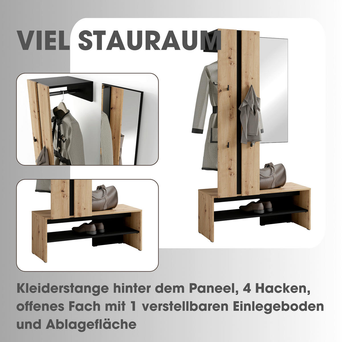 Garderobenset NANTE Eiche schwarz B/H/T: ca. 100x186x40 cm NANTE - Eiche/schwarz (100,00/186,00/40,00cm) - byLIVING