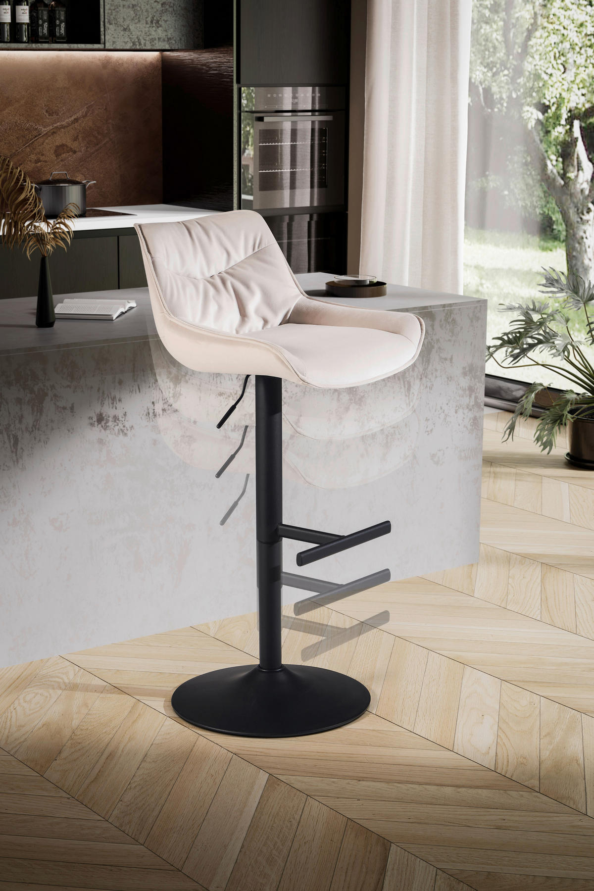 Barhocker beige schwarz Samt Eisen B/H/T: ca. 45x106x55 cm Barhocker - beige/schwarz (45,00/106,00/55,00cm) - Wohnling