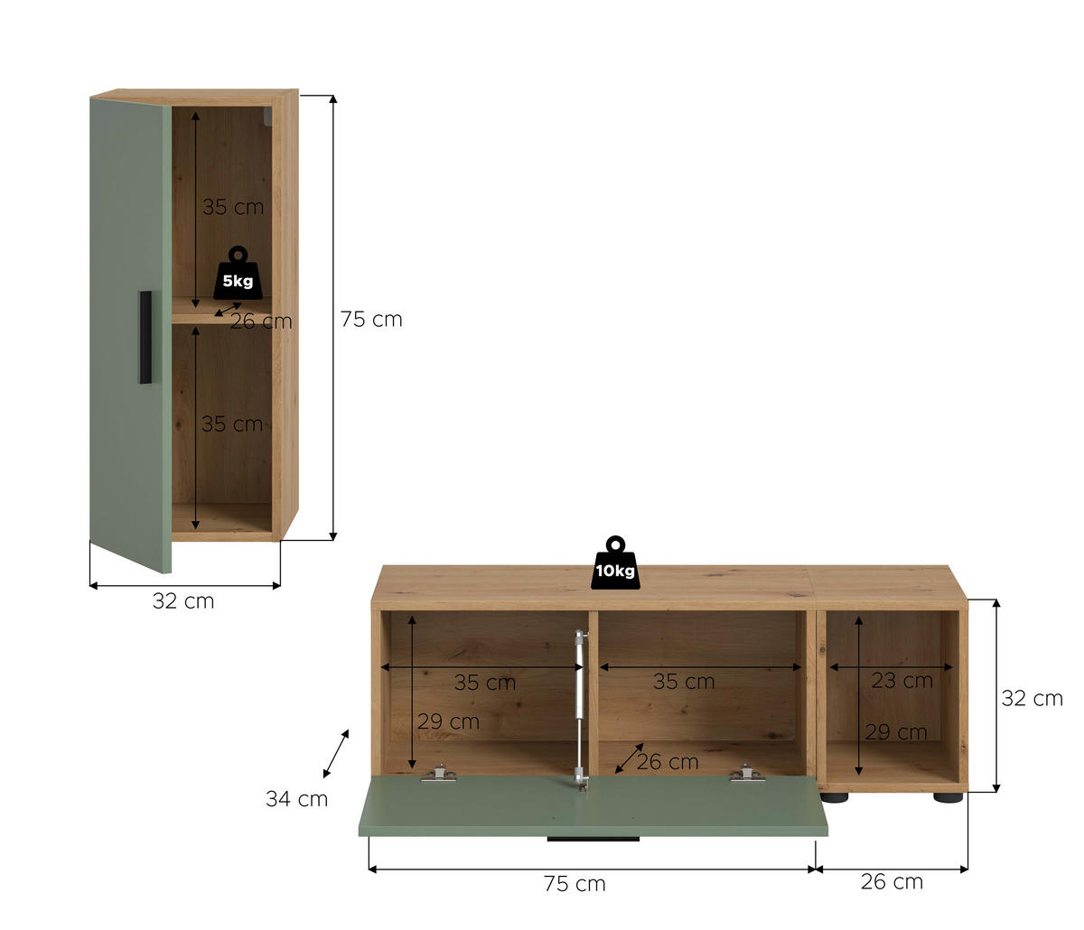 Wohnwand-Set TheOne Eiche Artisan Nachbildung grün B/H/T: ca. 75x32x34 cm TheOne - Eiche/grün (75,00/32,00/34,00cm)