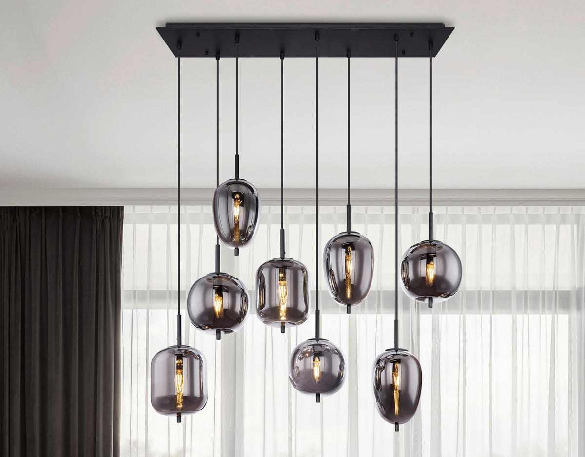 GLOBO Pendelleuchte BLACKY 15345-8 schwarz Metall Rauchglas B/H/L: ca. 34x120x94 cm E14 8 Brennstellen Pendelleuchte_Blacky 8flg. - schwarz (94,00/34,00/120,00cm) - GLOBO