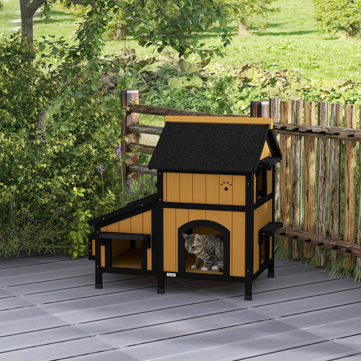 PawHut Katzen-Zubehör gelb Holz B/H/L: ca. 65x96x85,5 cm Katzenhaus - gelb (85,50/65,00/96,00cm) - PawHut