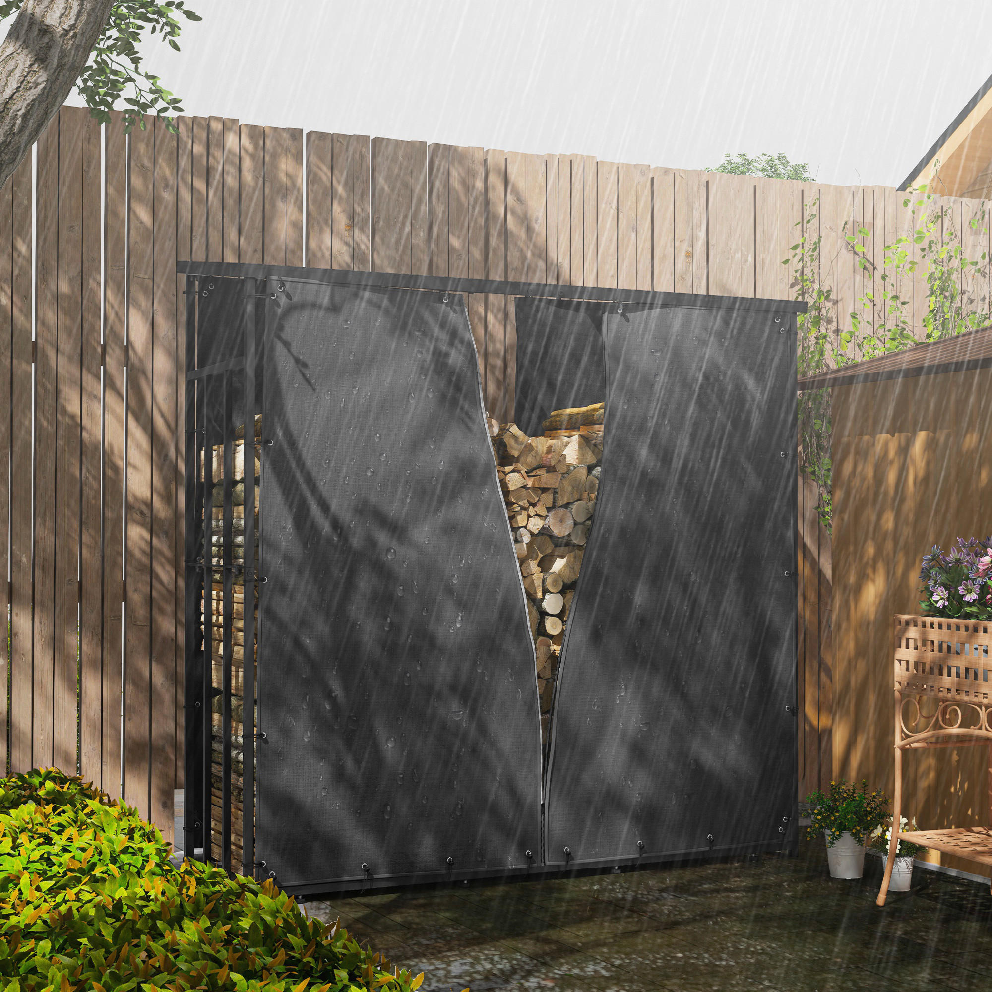 Thumbnail - Outsunny Kaminholzregal Abdeckung schwarz Polyester B/H/L: ca. 1x173x174 cm