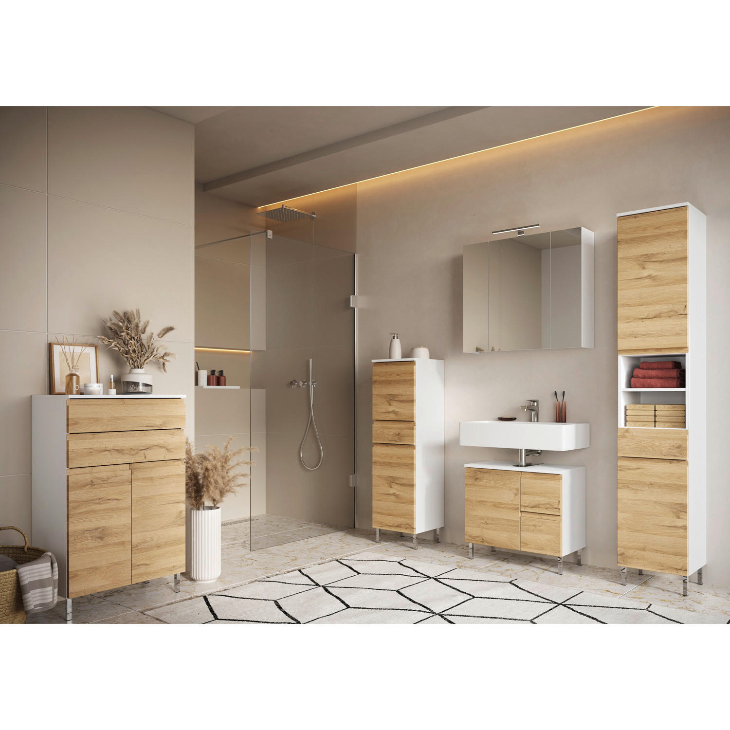 Badezimmer-Set 7969-559 weiß Eiche Grand-Son Nachbildung B/H/T: ca. 233x190x34 cm 7969-559 - Eiche/weiß (233,00/190,00/34,00cm) - Germania