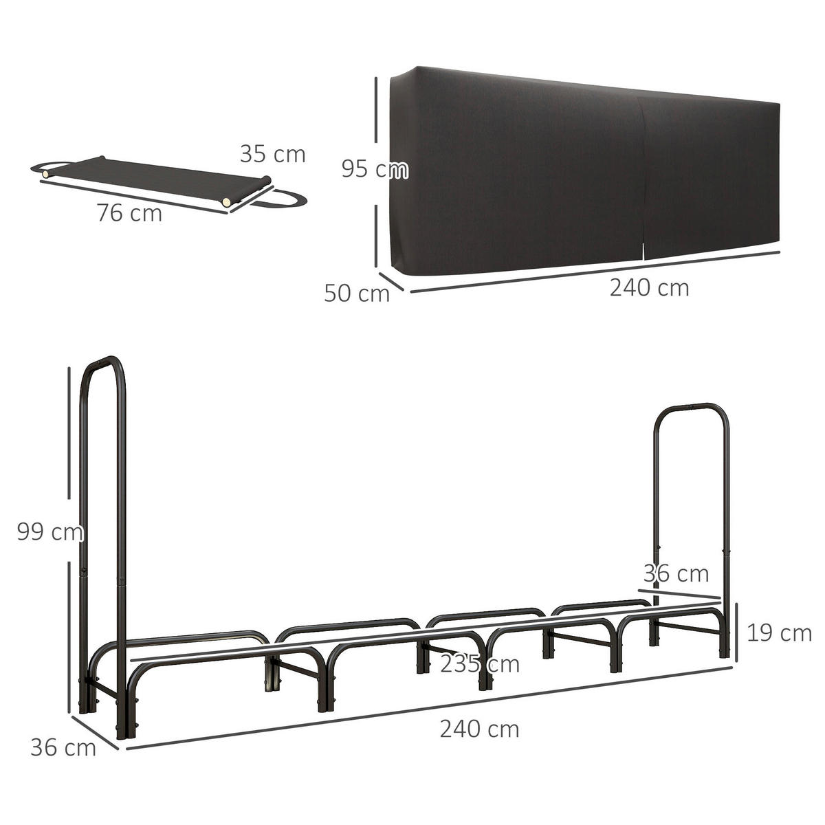 Outsunny Kaminholzregal schwarz B/H/L: ca. 36x99x240 cm Kaminholzregal - schwarz (240,00/36,00/99,00cm) - Outsunny