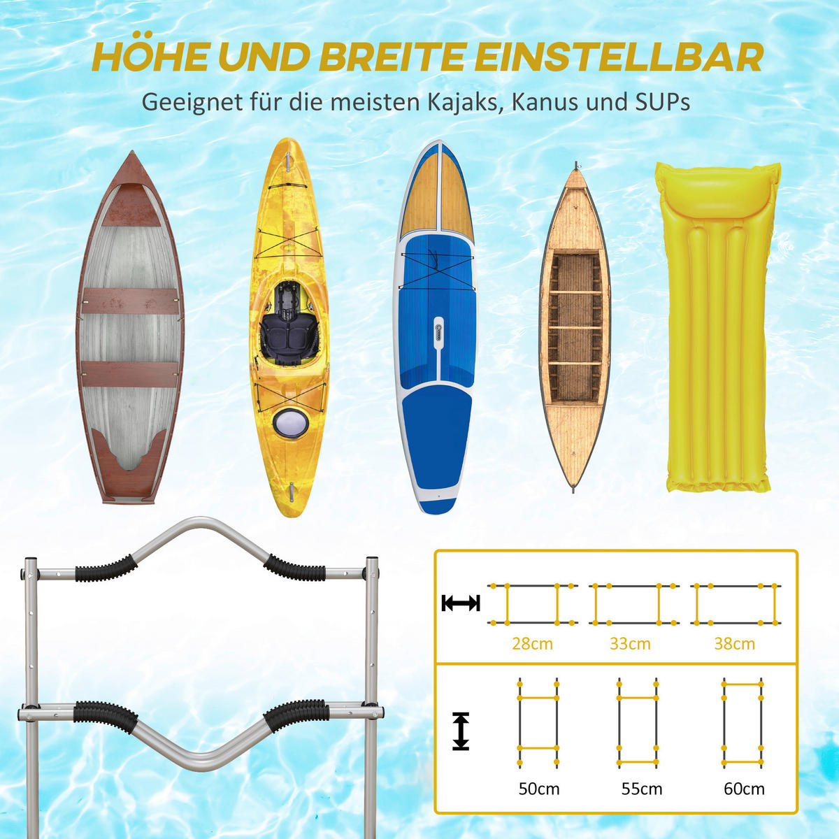 SPORTNOW Outdoor-Aktivitäten gelb Edelstahl B/H/L: ca. 25,4x82x77,5 cm Kajakwagen - gelb (77,50/25,40/82,00cm) - SPORTNOW