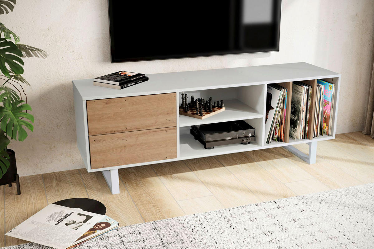 Lowboard weiß Eiche Optik B/H/T: ca. 150x55x40 cm TV & Lowboard - weiß (150,00/55,00/40,00cm) - Wohnling