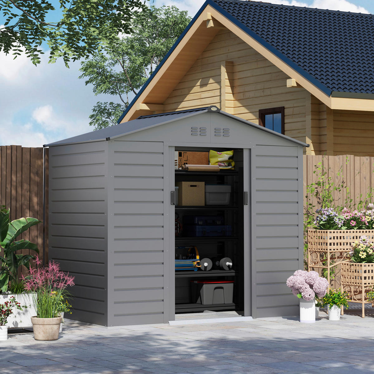 Outsunny Gerätehaus grau B/H/L: ca. 131x192x213 cm Gerätehaus - grau (213,00/131,00/192,00cm) - Outsunny