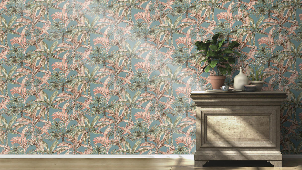 Vliestapete Palmenblätter blau grün beige B/L: ca. 53x1005 cm Vliestapete_485257 VW5 unten - blau/beige (53,00/1005,00cm)