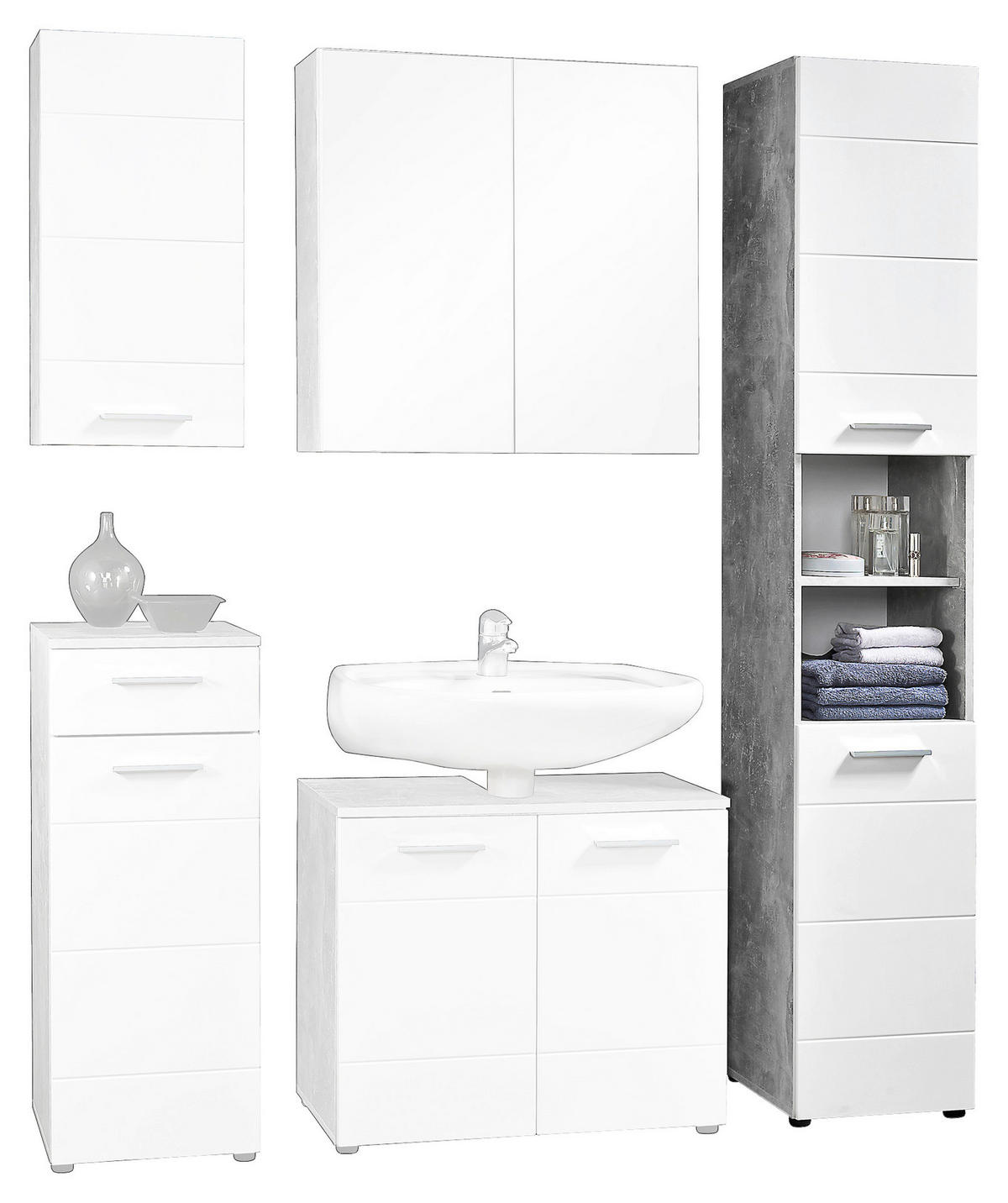 Badhochschrank Stockholm Beton Optik weiß Hochglanz B/H/T: ca. 35x191x35 cm Stockholm - weiß (35,00/191,00/35,00cm)