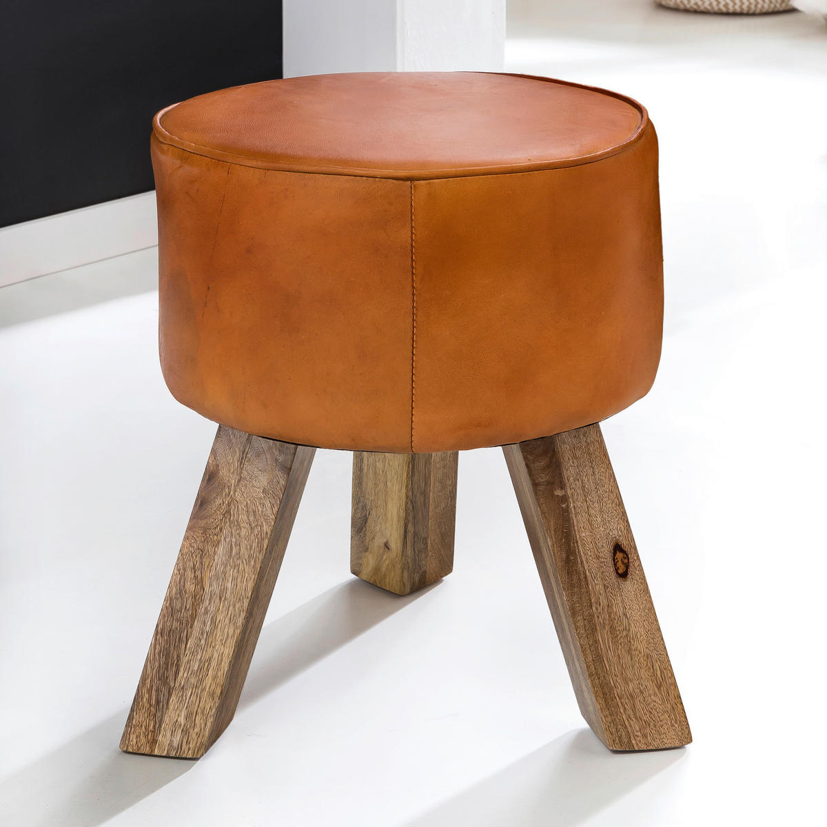 Wohnling Sitzhocker braun natur Leder Echtholz B/H/T: ca. 37x45x37 cm Sitzhocker - braun/natur (37,00/45,00/37,00cm) - Wohnling