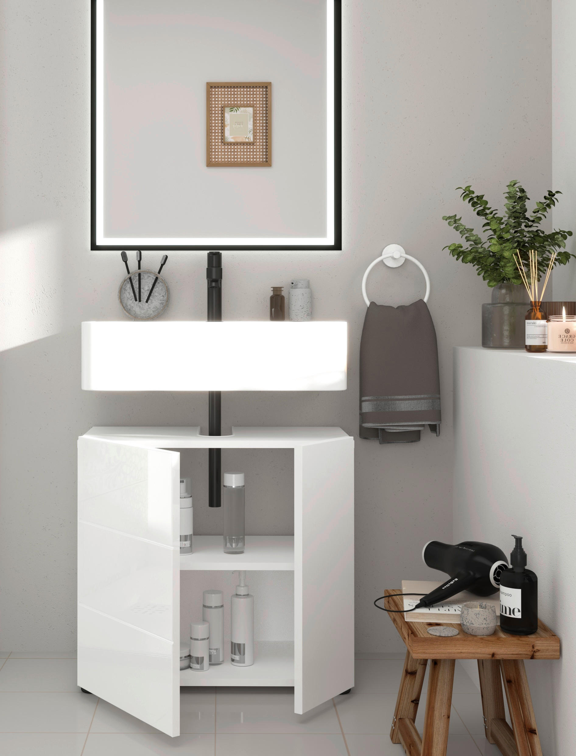Waschbeckenunterschrank Vira weiß Hochglanz B/H/T: ca. 60x57x34 cm Vira - weiß (60,00/57,00/34,00cm)