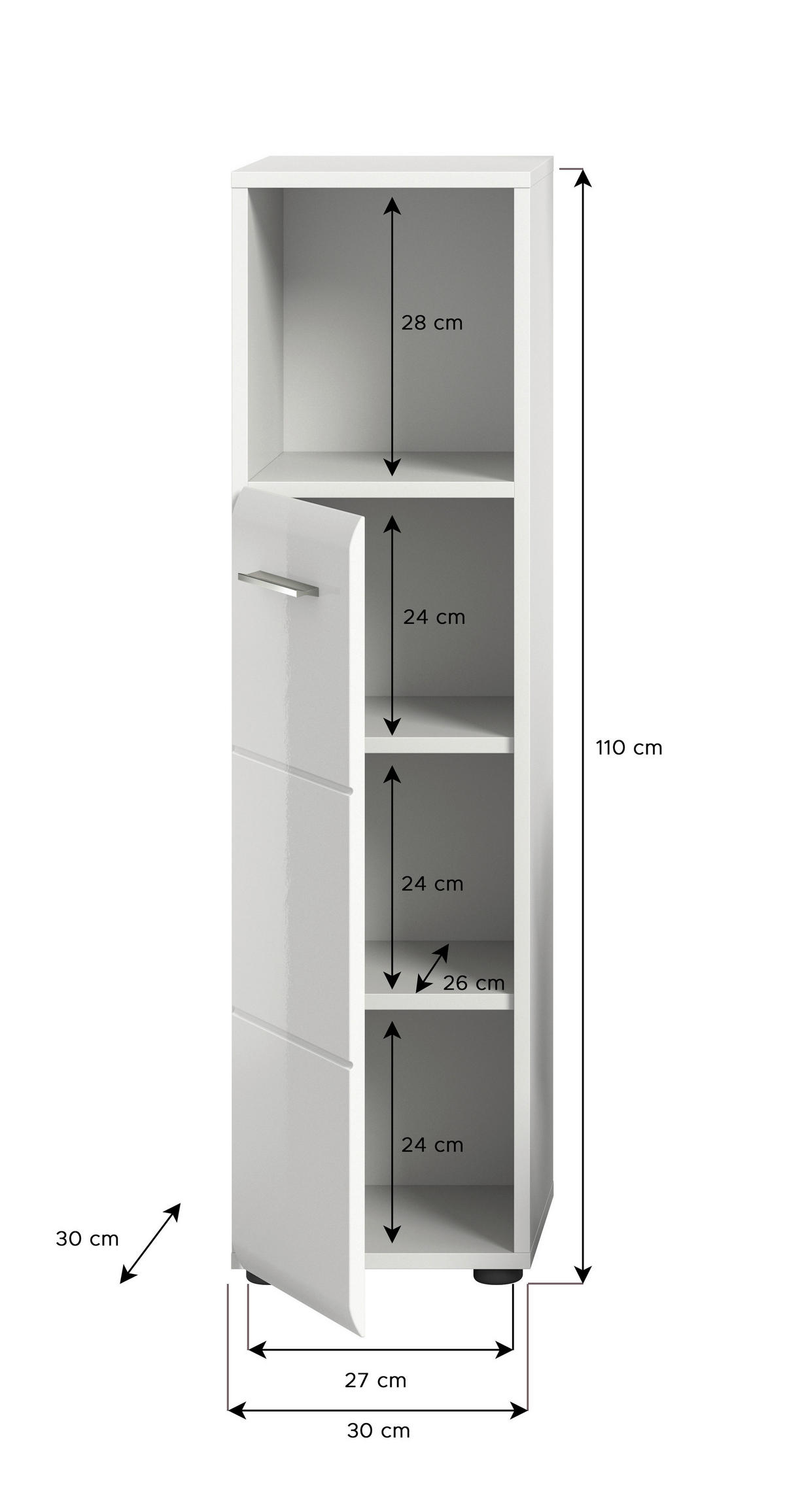 Badhochschrank ICE weiß weiß Hochglanz B/H/T: ca. 30x110x30 cm ICE - weiß (30,00/110,00/30,00cm) - xonox.home