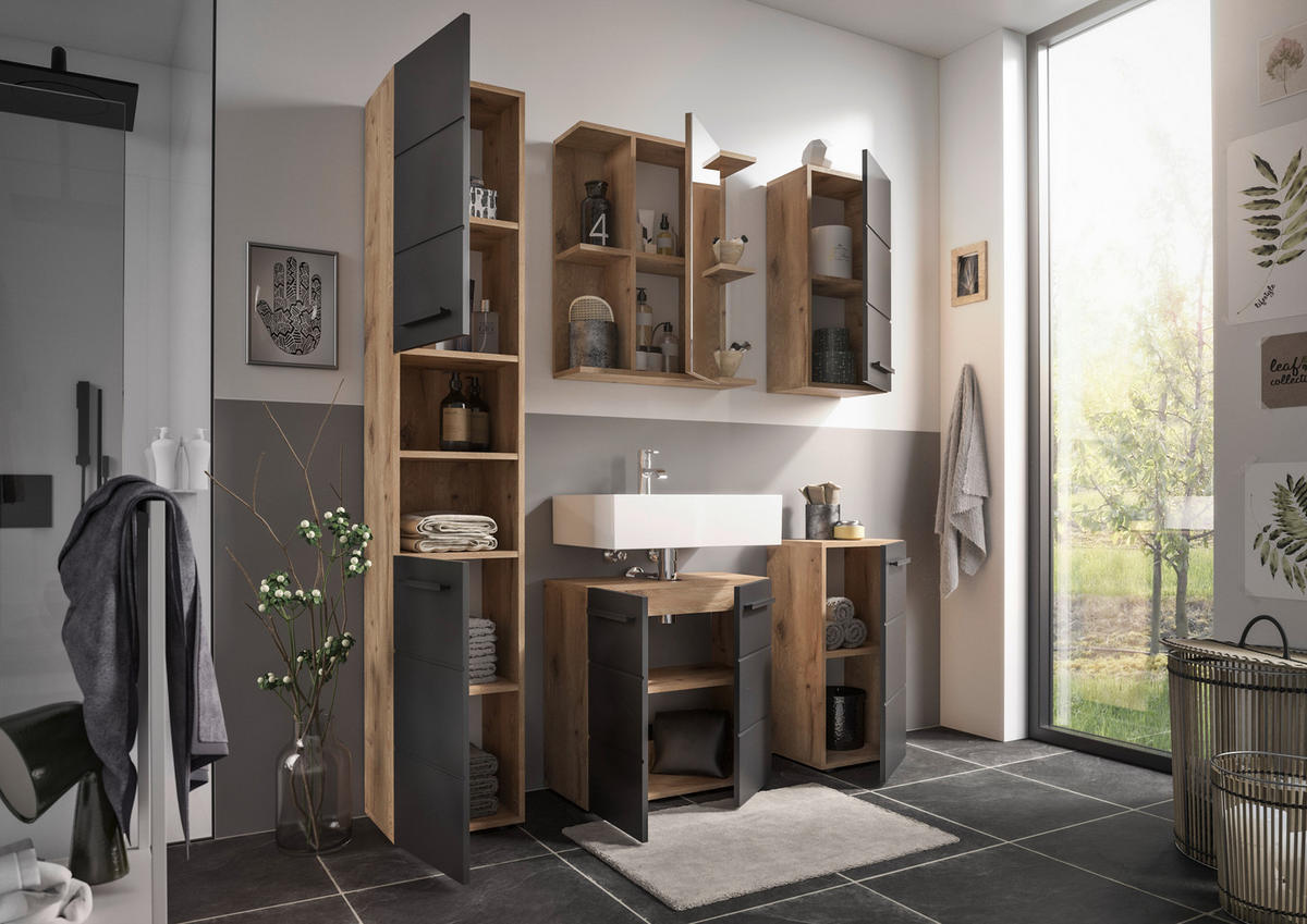 Waschbeckenunterschrank Vista Oak Eiche Viking Nachbildung schwarz matt B/H/T: ca. 60x62x31 cm Vista - schwarz/Oak (60,00/62,00/31,00cm)